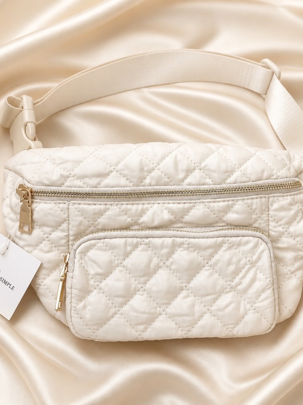 Women's Quilted Cream Waist Bag - Lightweight Zipper Pouch
